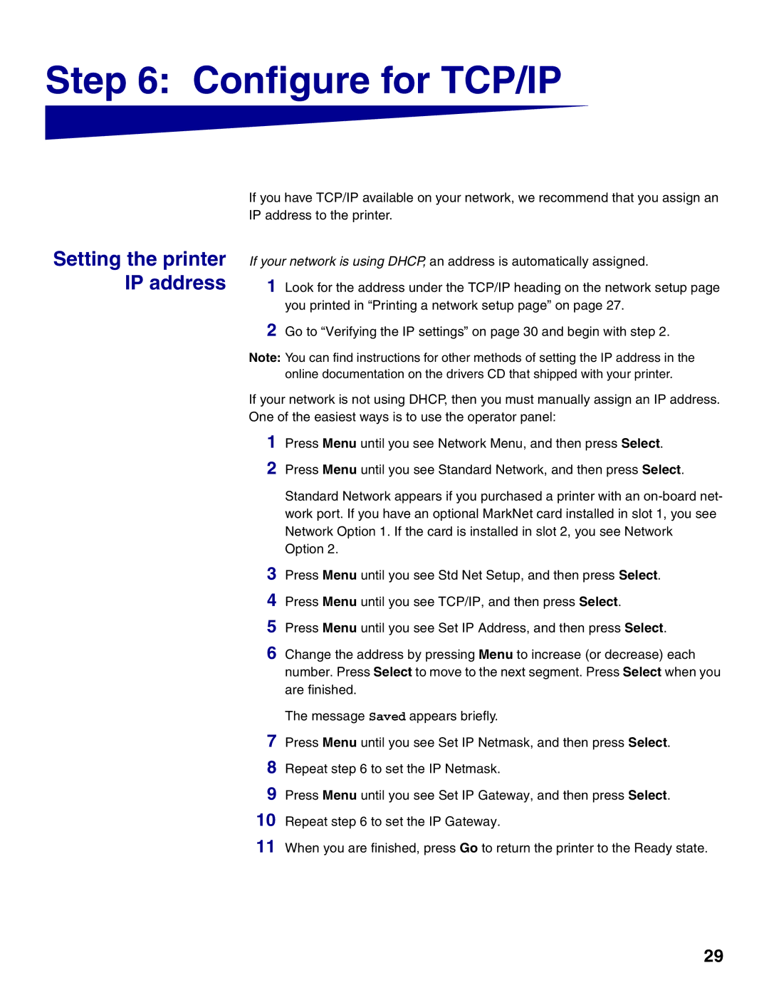 Lexmark T622, T620 setup guide Configure for TCP/IP, Setting the printer IP address 