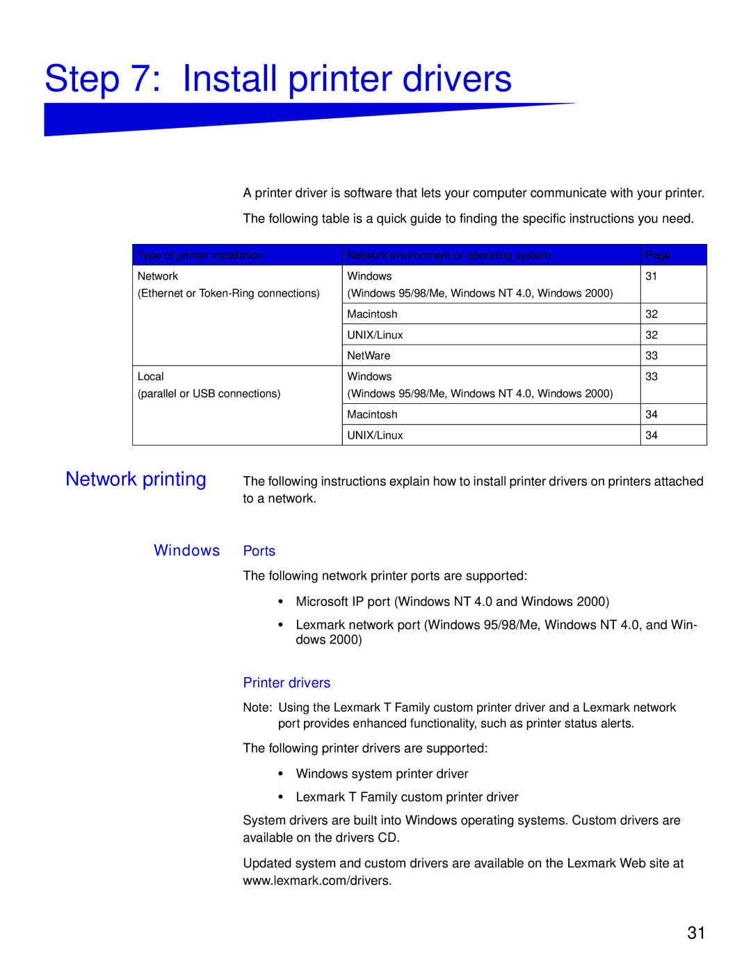 Lexmark T622, T620 setup guide Install printer drivers, Windows Ports 