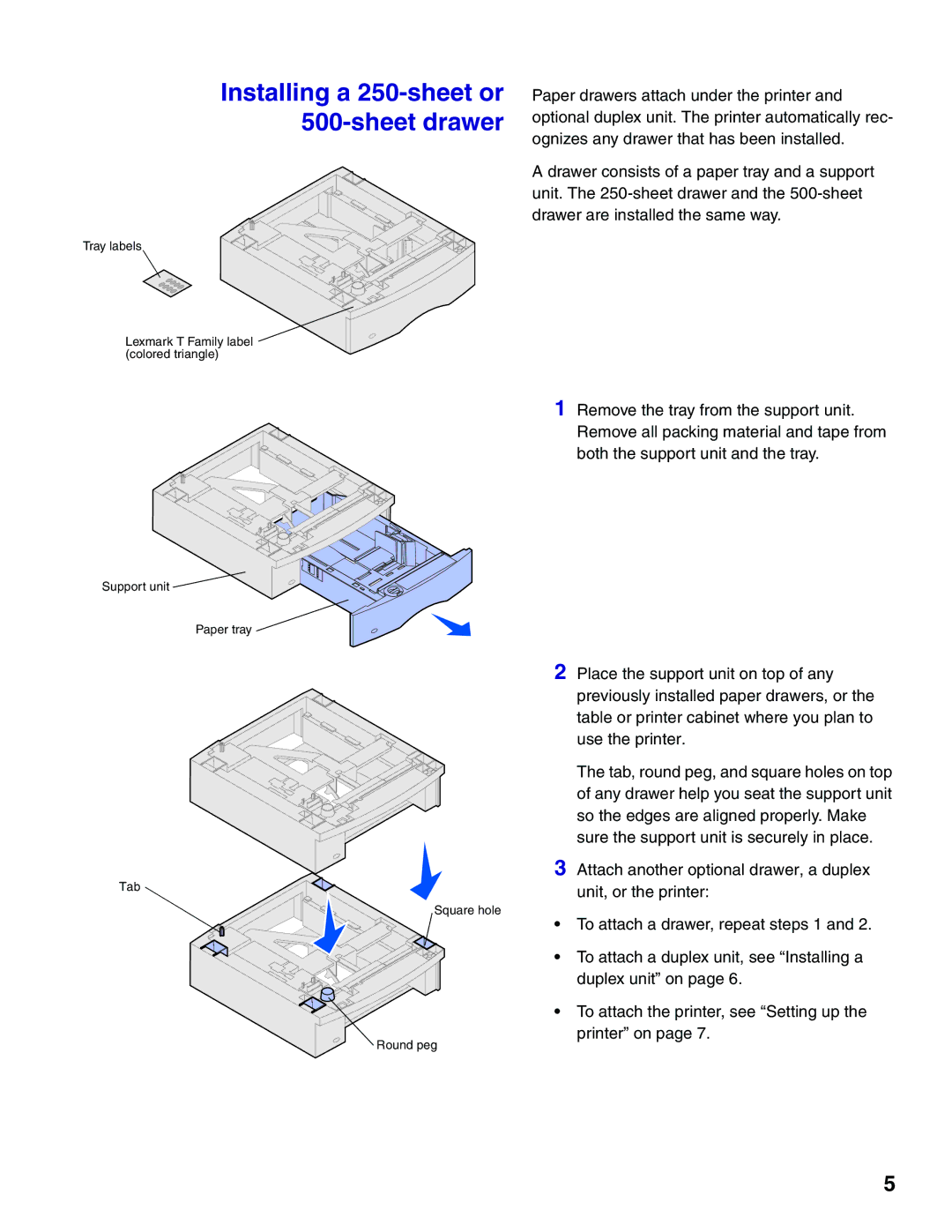 Lexmark T622, T620 setup guide Installing a 250-sheet or 500-sheet drawer 