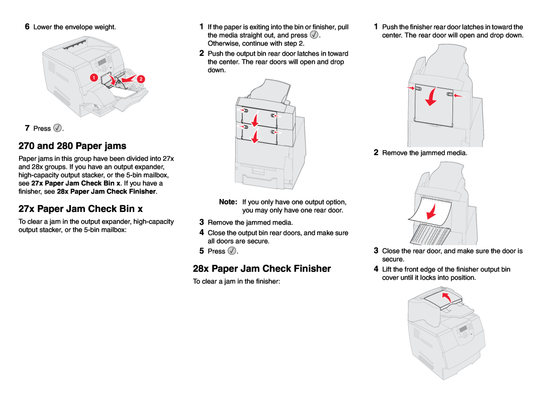 Lexmark T64X manual and 280 Paper jams, 27x Paper Jam Check Bin, 28x Paper Jam Check Finisher 