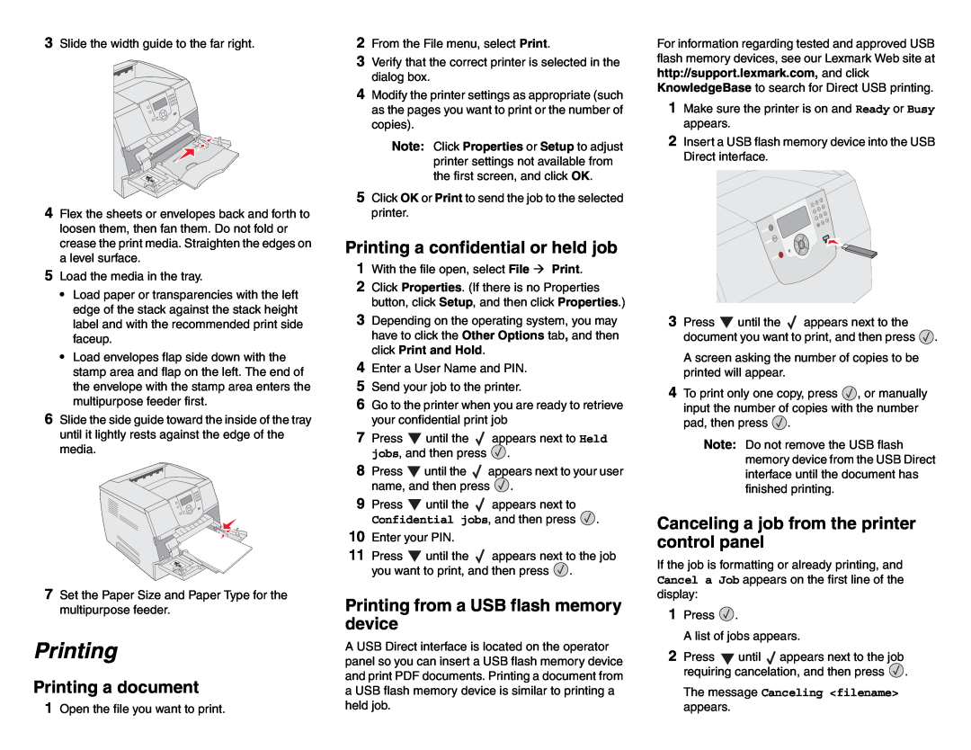 Lexmark T64X manual Printing a document, Printing a confidential or held job, Printing from a USB flash memory device 