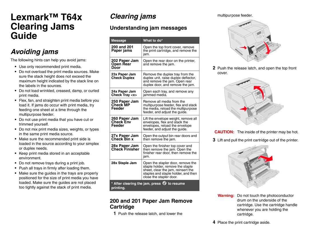 Lexmark T64X manual Understanding jam messages, Paper Jam Remove Cartridge 