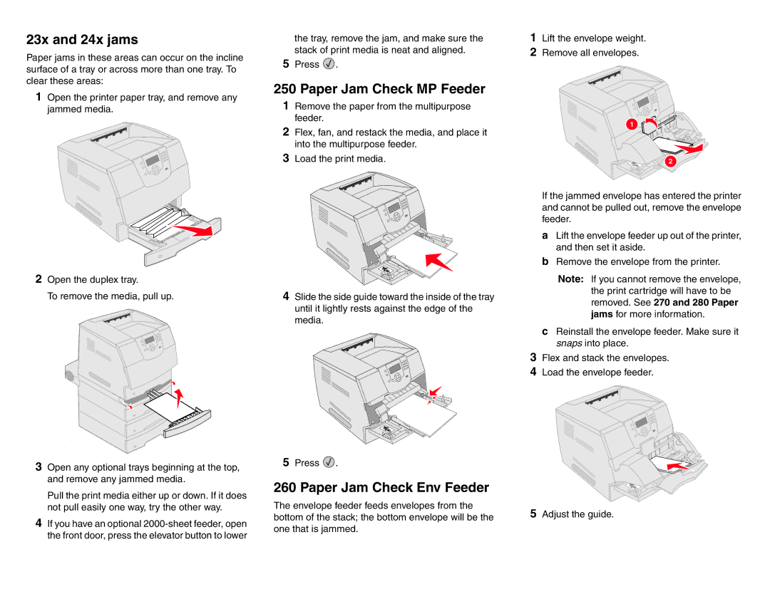Lexmark T64X manual 23x and 24x jams, Paper Jam Check MP Feeder, Paper Jam Check Env Feeder 