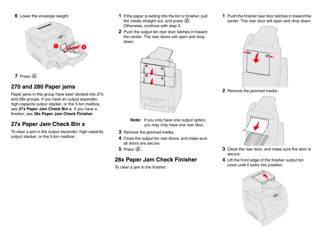 Lexmark T64X manual Paper jams, 27x Paper Jam Check Bin, 28x Paper Jam Check Finisher 