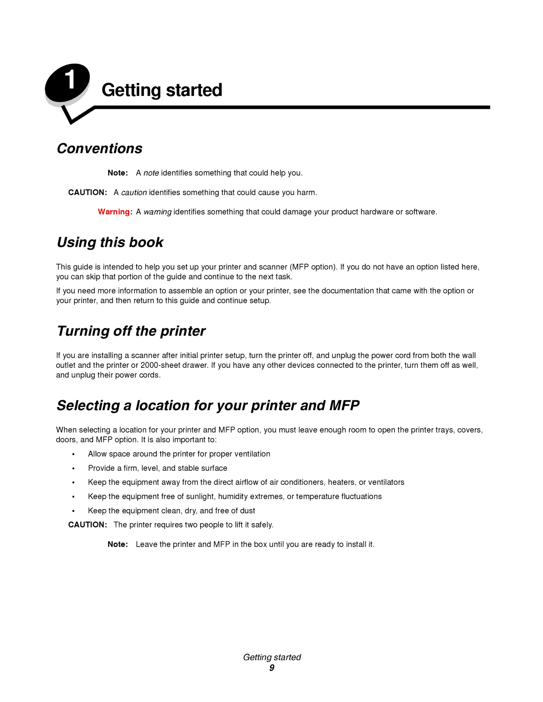 Lexmark T64X setup guide Getting started, Conventions Using this book, Turning off the printer 