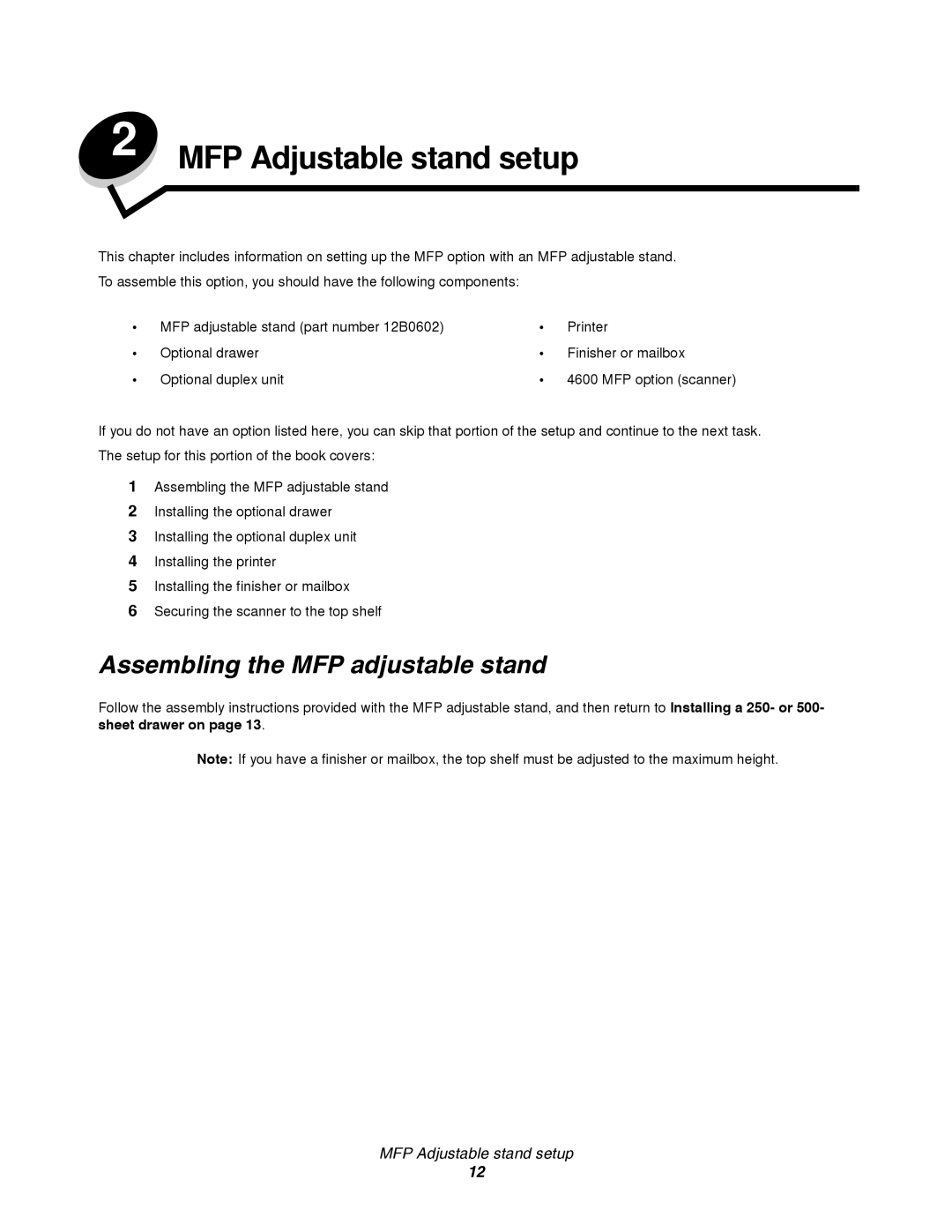 Lexmark T64X setup guide MFP Adjustable stand setup, Assembling the MFP adjustable stand 