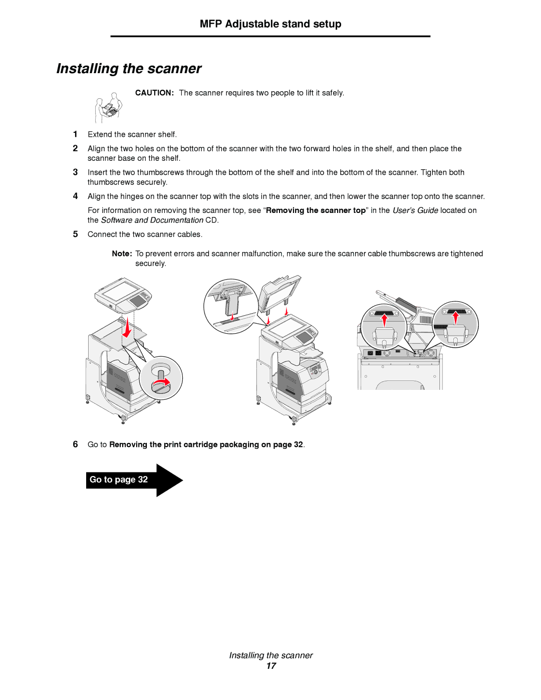 Lexmark T64X setup guide Installing the scanner 