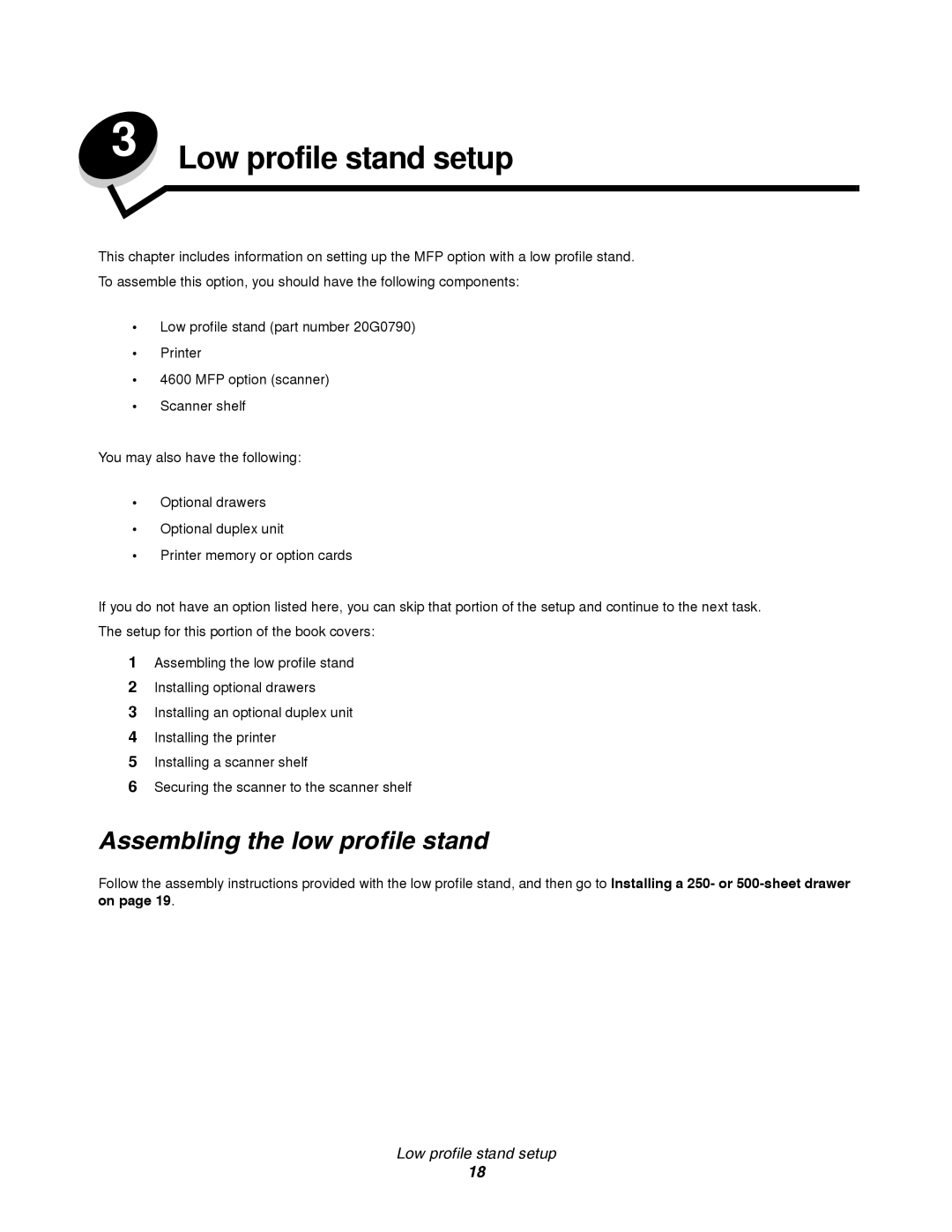 Lexmark T64X setup guide Low profile stand setup, Assembling the low profile stand 