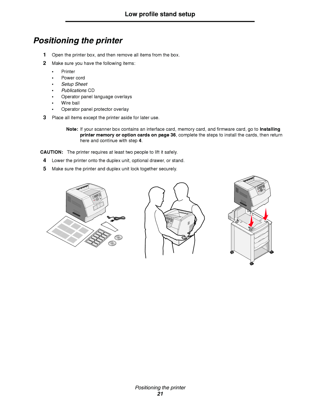 Lexmark T64X setup guide Positioning the printer 