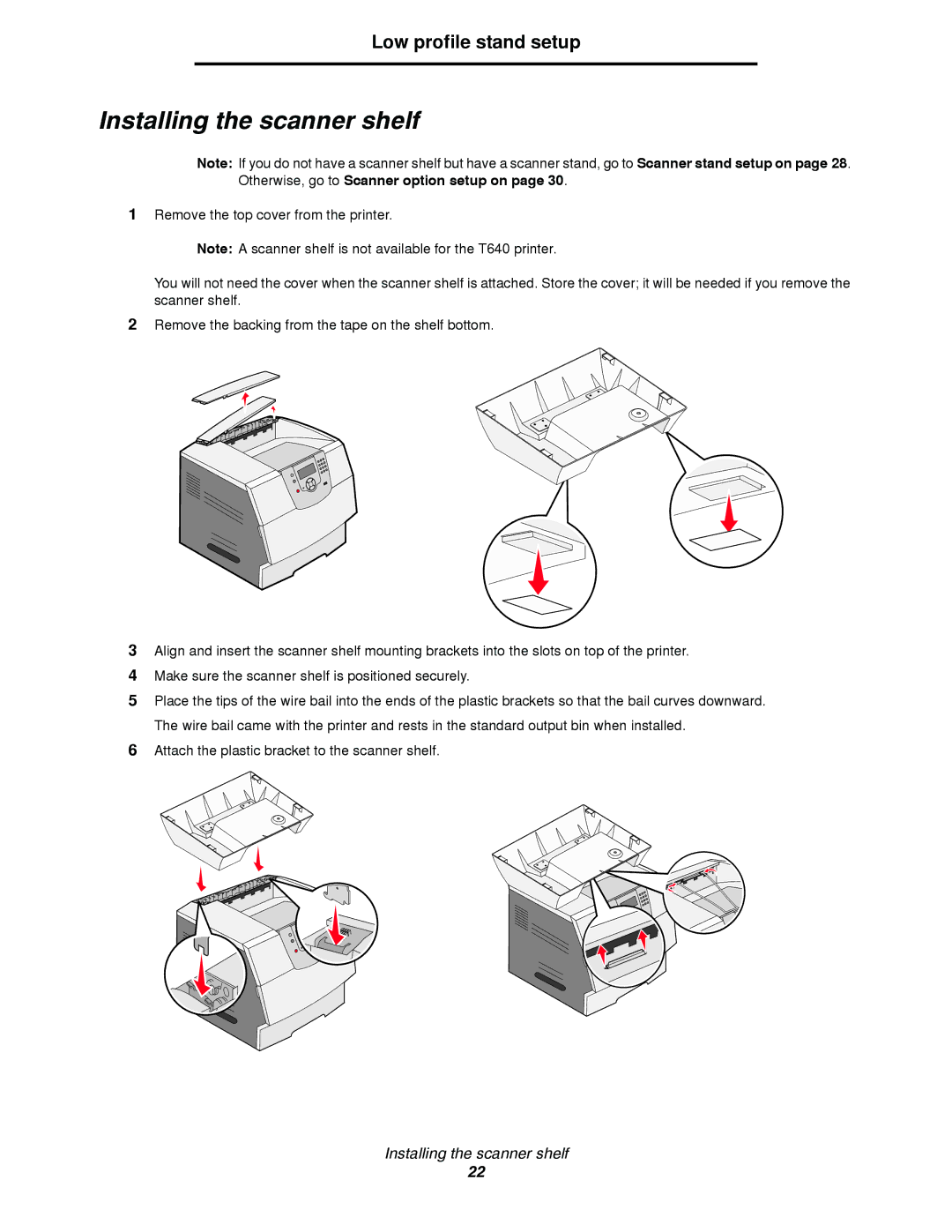 Lexmark T64X setup guide Installing the scanner shelf 