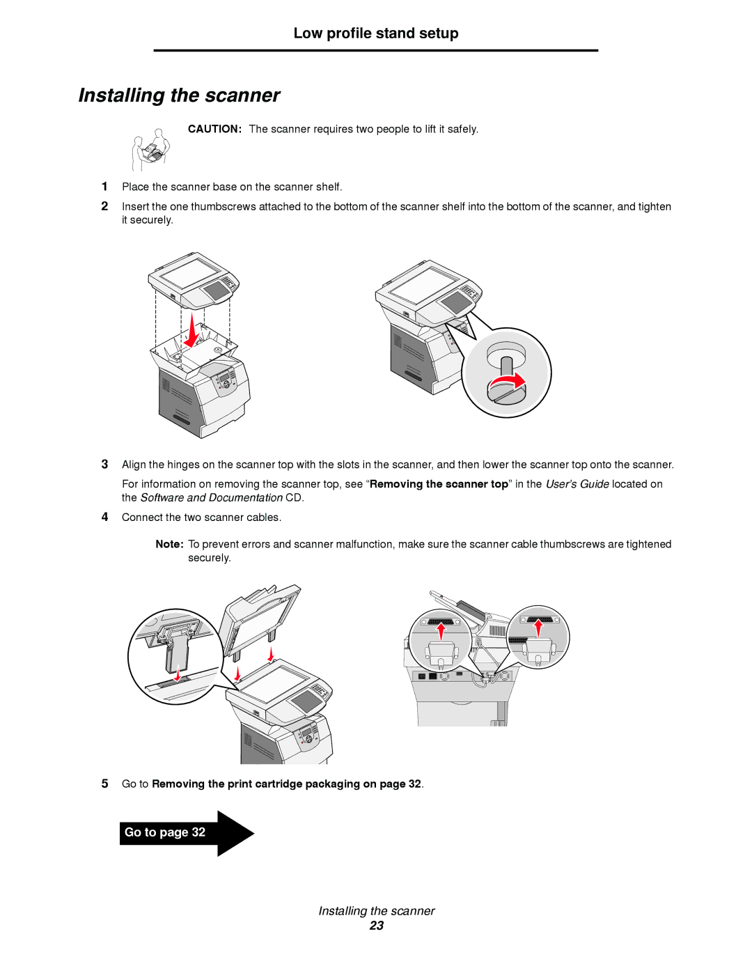 Lexmark T64X setup guide Installing the scanner 