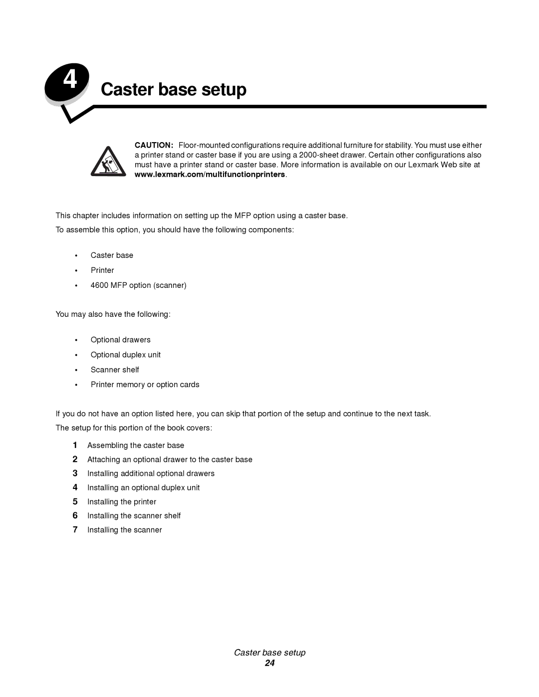 Lexmark T64X setup guide Caster base setup 