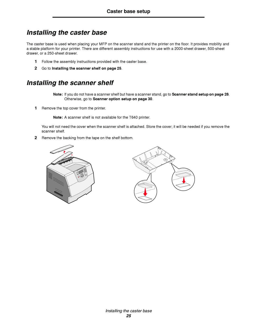 Lexmark T64X setup guide Installing the caster base, Installing the scanner shelf 