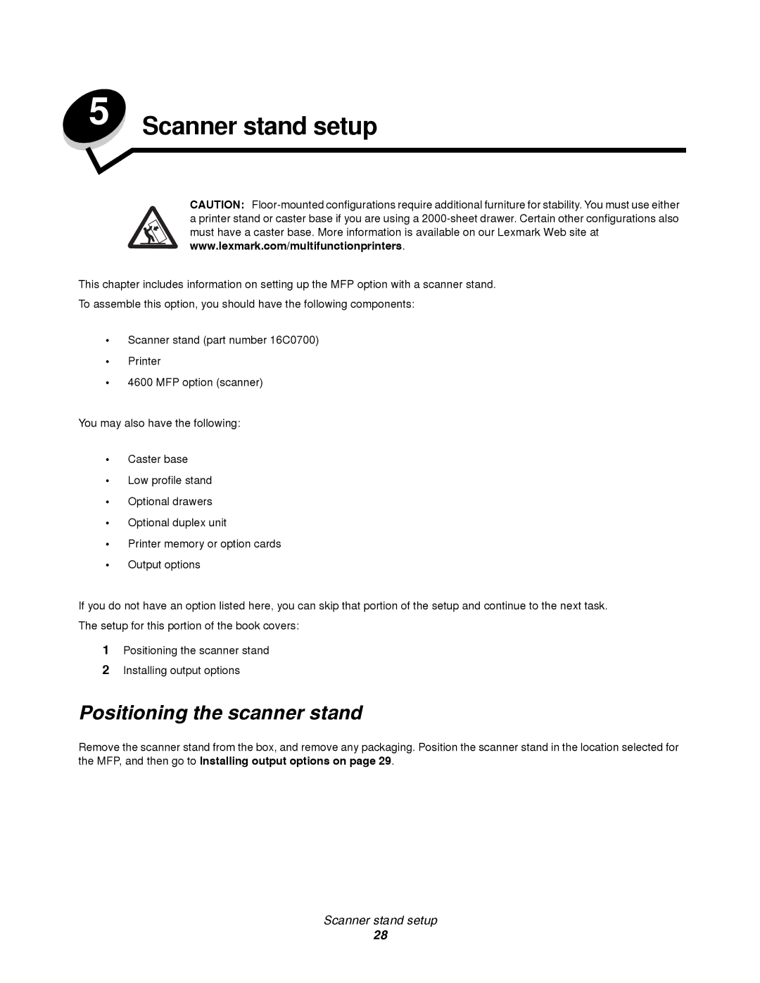 Lexmark T64X setup guide Scanner stand setup, Positioning the scanner stand 