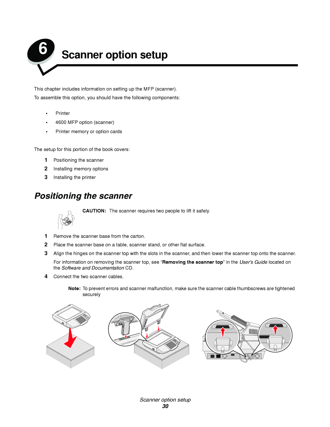 Lexmark T64X setup guide Scanner option setup, Positioning the scanner 