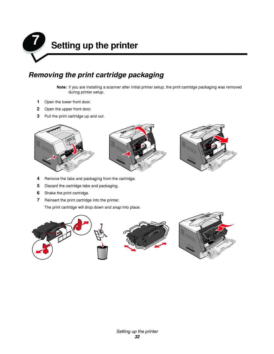 Lexmark T64X setup guide Setting up the printer, Removing the print cartridge packaging 