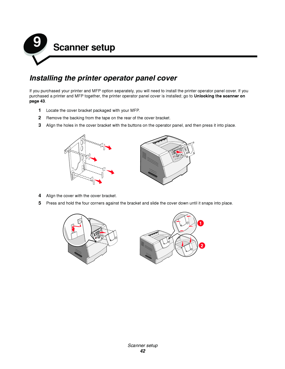 Lexmark T64X setup guide Scanner setup, Installing the printer operator panel cover 