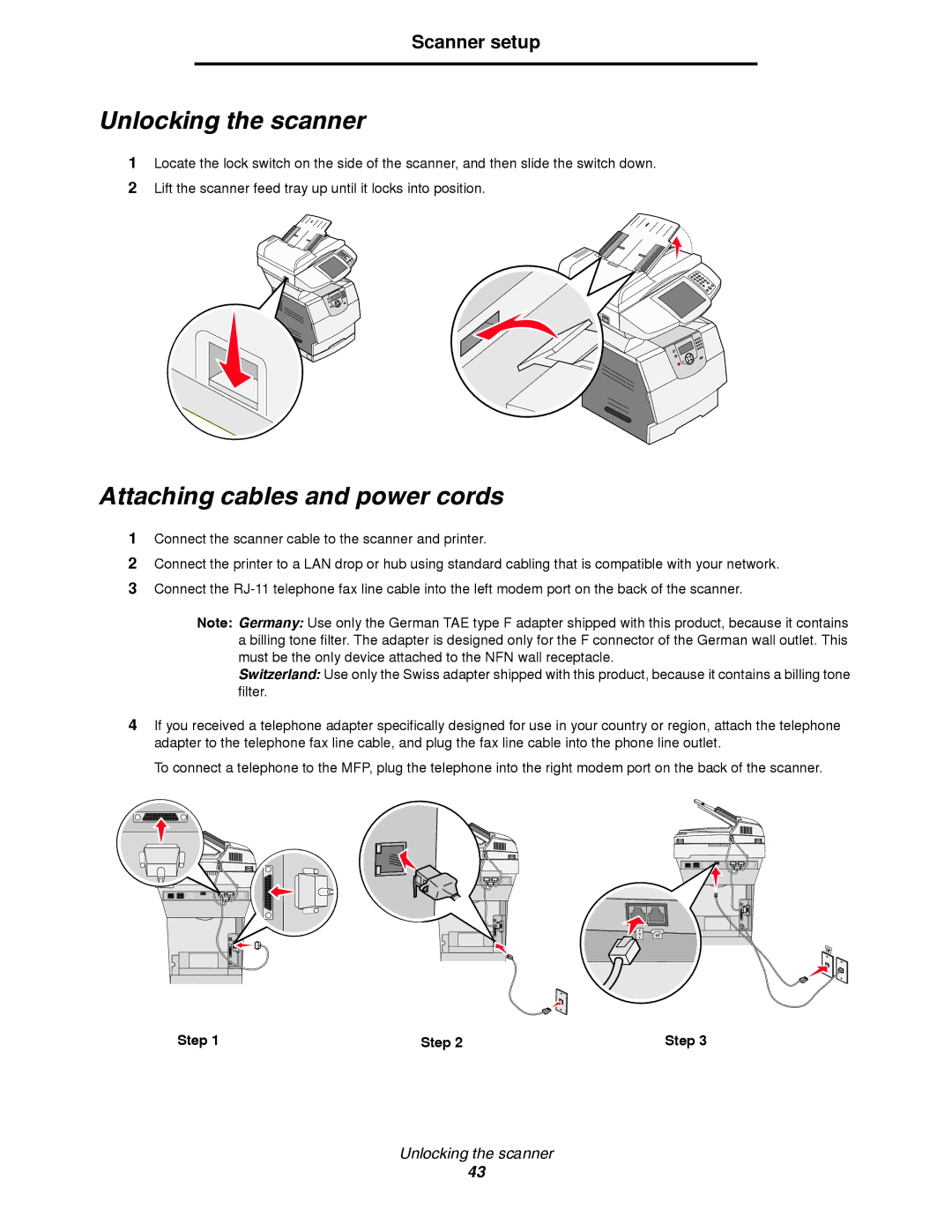 Lexmark T64X setup guide Unlocking the scanner, Attaching cables and power cords 