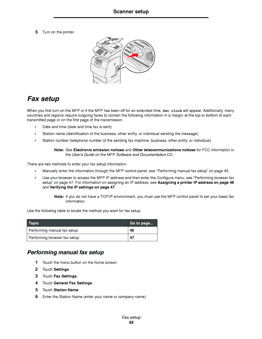 Lexmark T64X setup guide Fax setup, Performing manual fax setup 