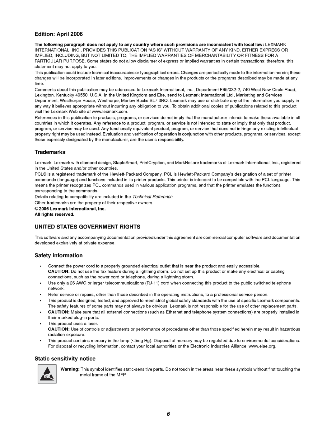 Lexmark T64X setup guide United States Government Rights 