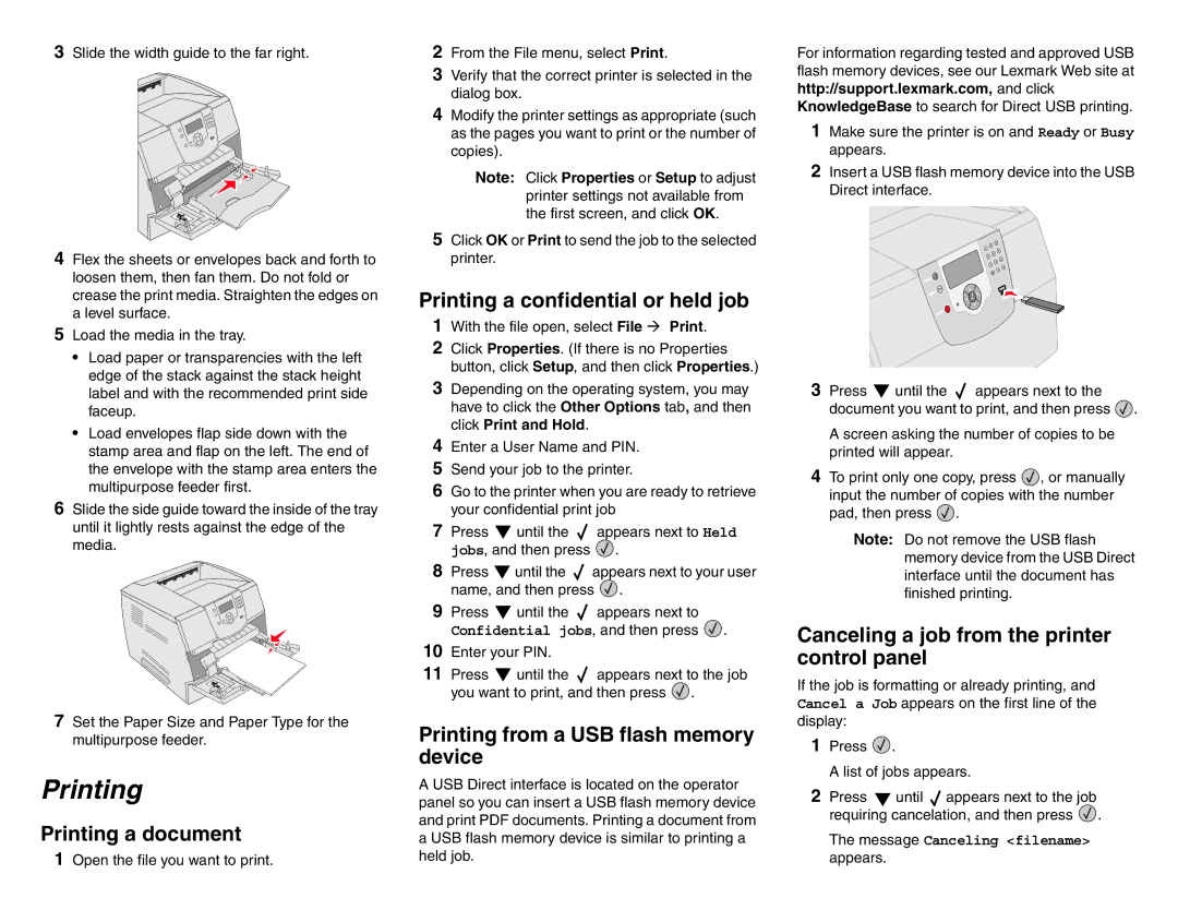 Lexmark T64X manual Printing a document, Printing a confidential or held job, Printing from a USB flash memory device 