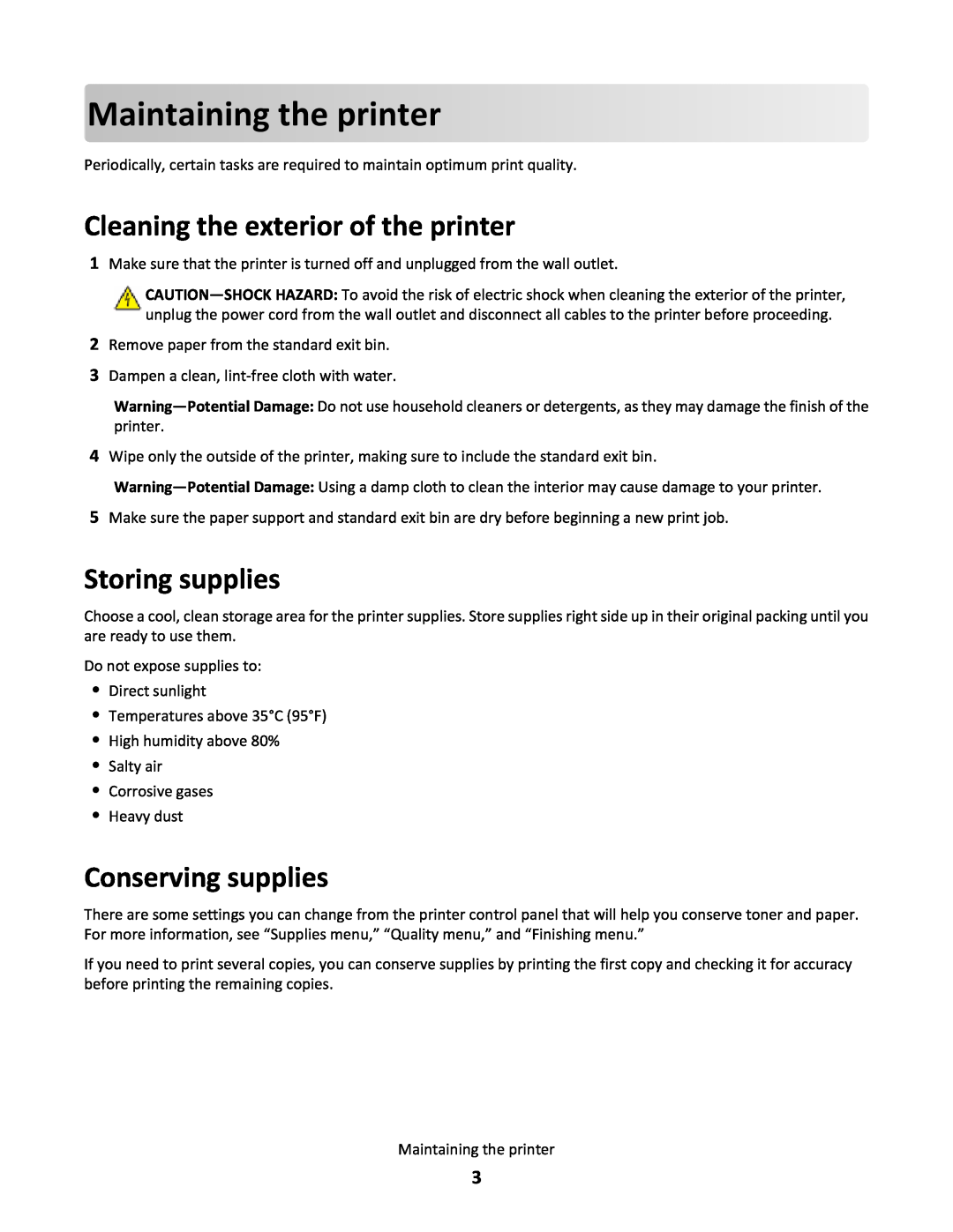 Lexmark T654DTN, T650 Maintaining the printer, Cleaning the exterior of the printer, Storing supplies, Conserving supplies 