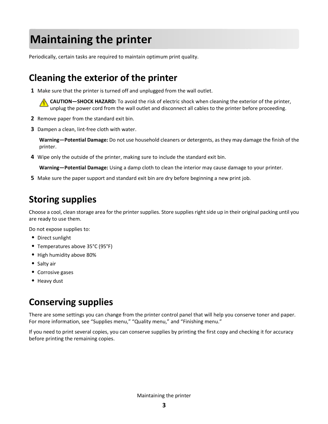 Lexmark T654DTN, T650 Maintaining the printer, Cleaning the exterior of the printer, Storing supplies, Conserving supplies 