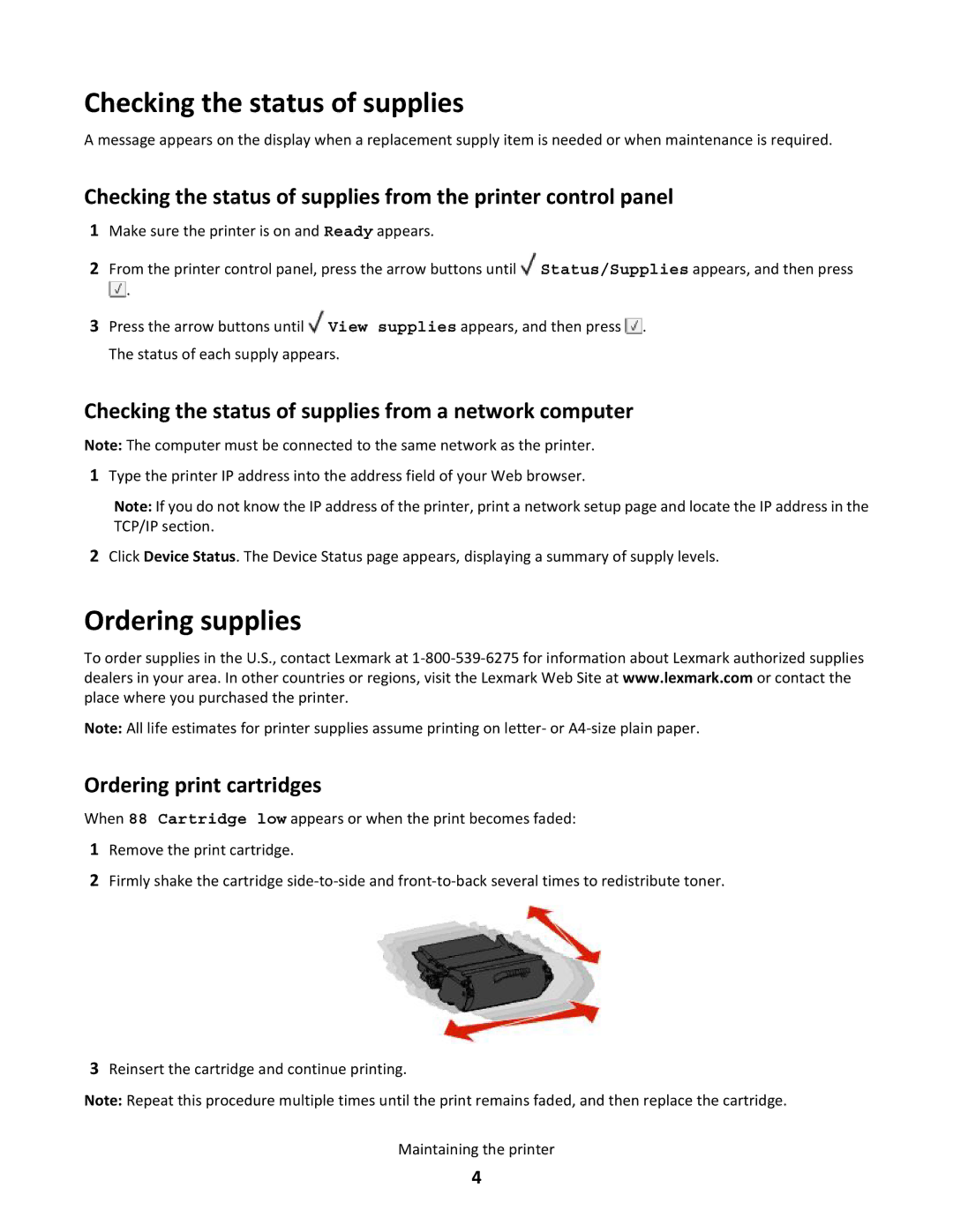 Lexmark T650 Ordering supplies, Checking the status of supplies from a network computer, Ordering print cartridges 