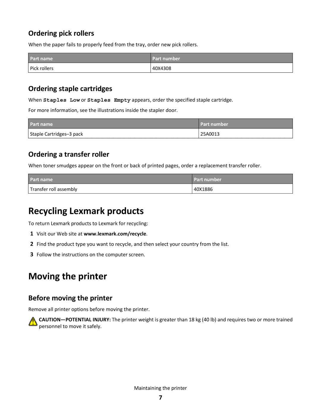 Lexmark T654DTN, T650, T652 manual Recycling Lexmark products, Moving the printer 