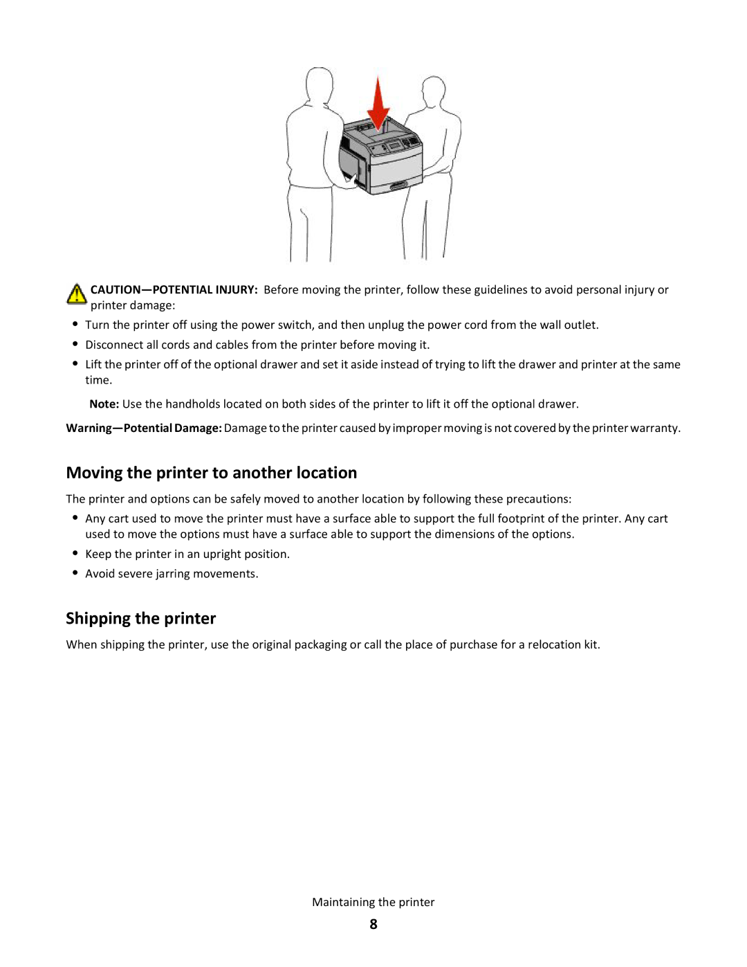 Lexmark T650, T652, T654DTN manual Moving the printer to another location, Shipping the printer 