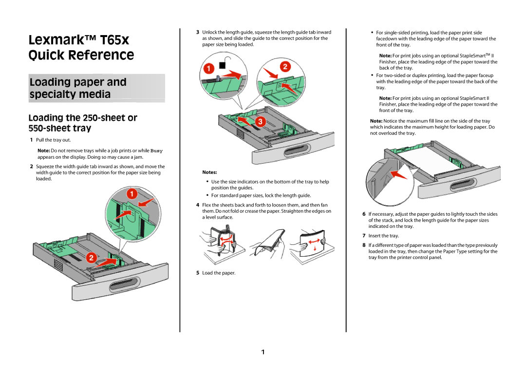 Lexmark T65X manual Loading paper and specialty media, Loading the 250-sheet or 550-sheet tray 