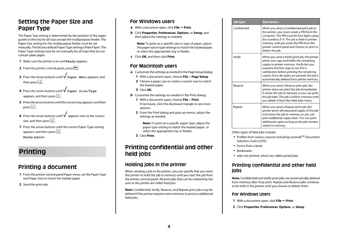 Lexmark T65X Setting the Paper Size and Paper Type, Printing a document, Printing confidential and other held jobs 