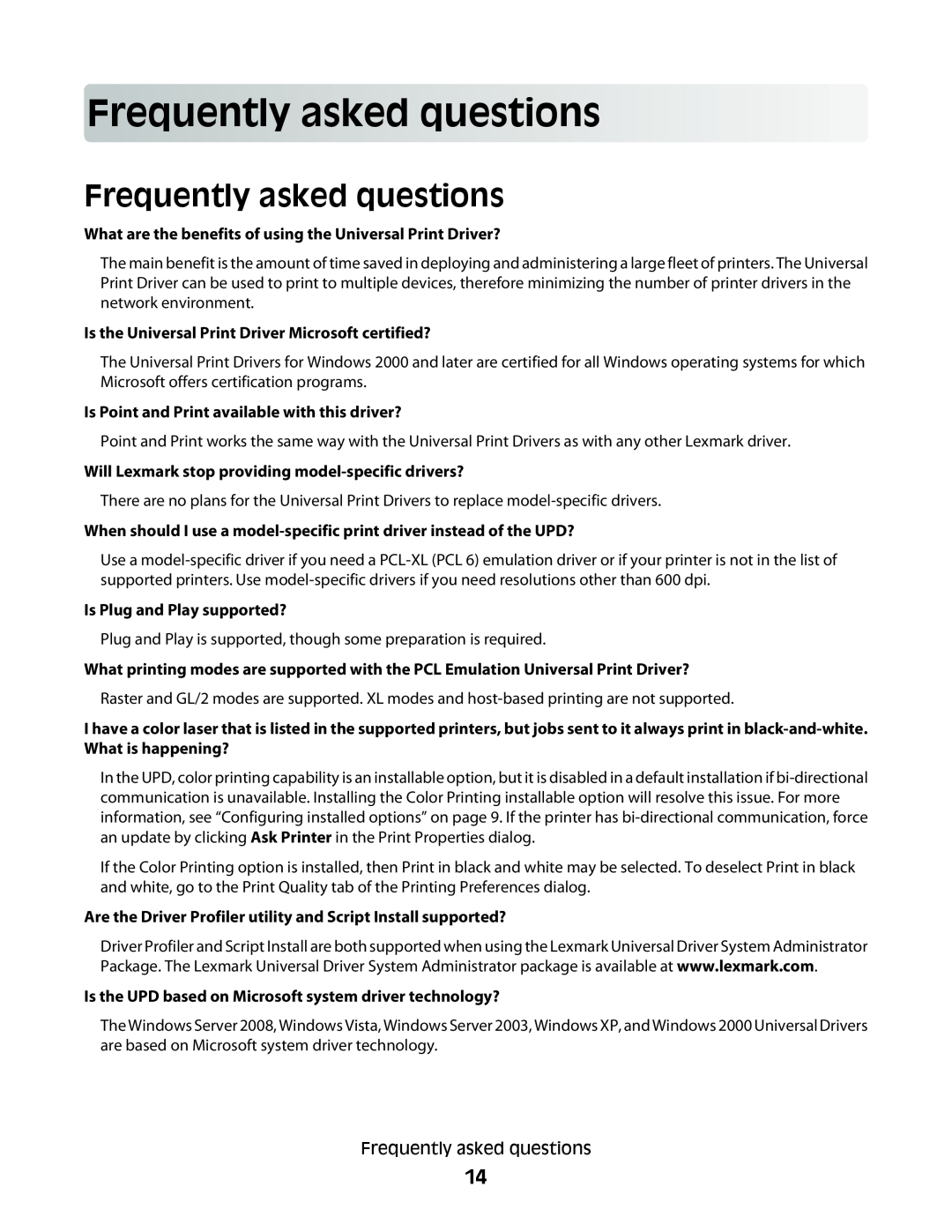 Lexmark Universal Driver manual Frequentlyaskedquestions, Frequently asked questions 
