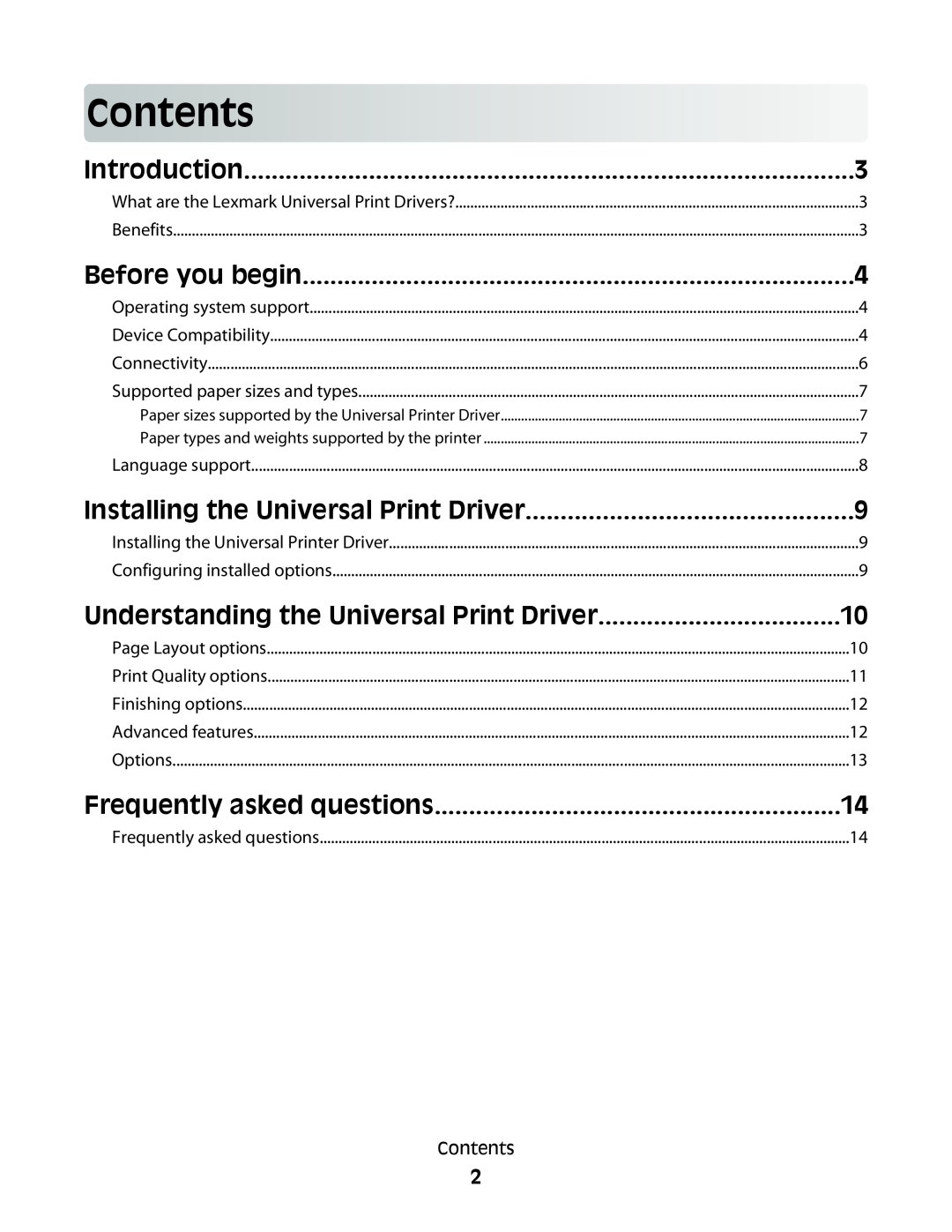 Lexmark Universal Driver manual Contents, Introduction, Before you begin, Installing the Universal Print Driver 