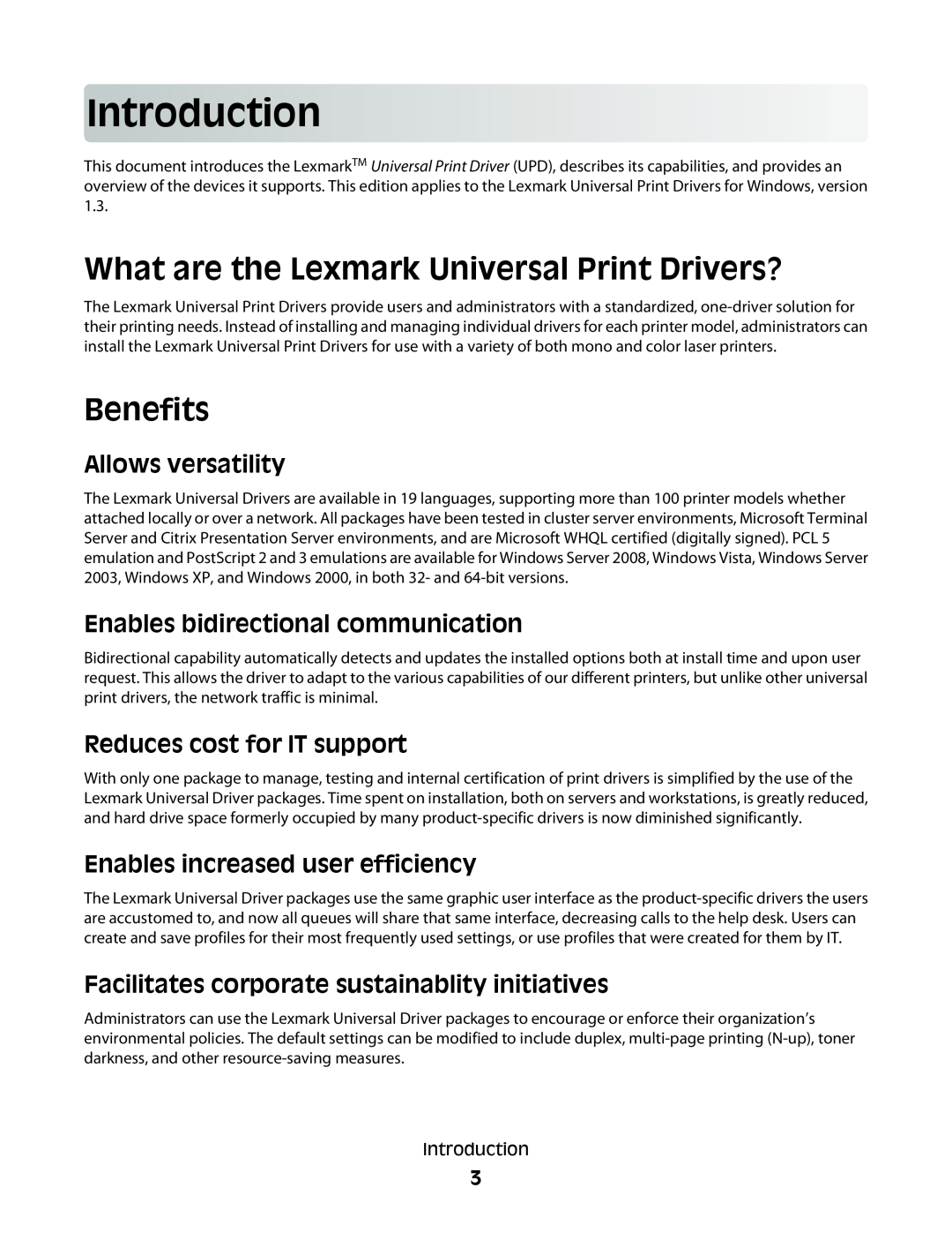 Lexmark Universal Driver manual Intro duction, What are the Lexmark Universal Print Drivers?, Benefits, Allows versatility 