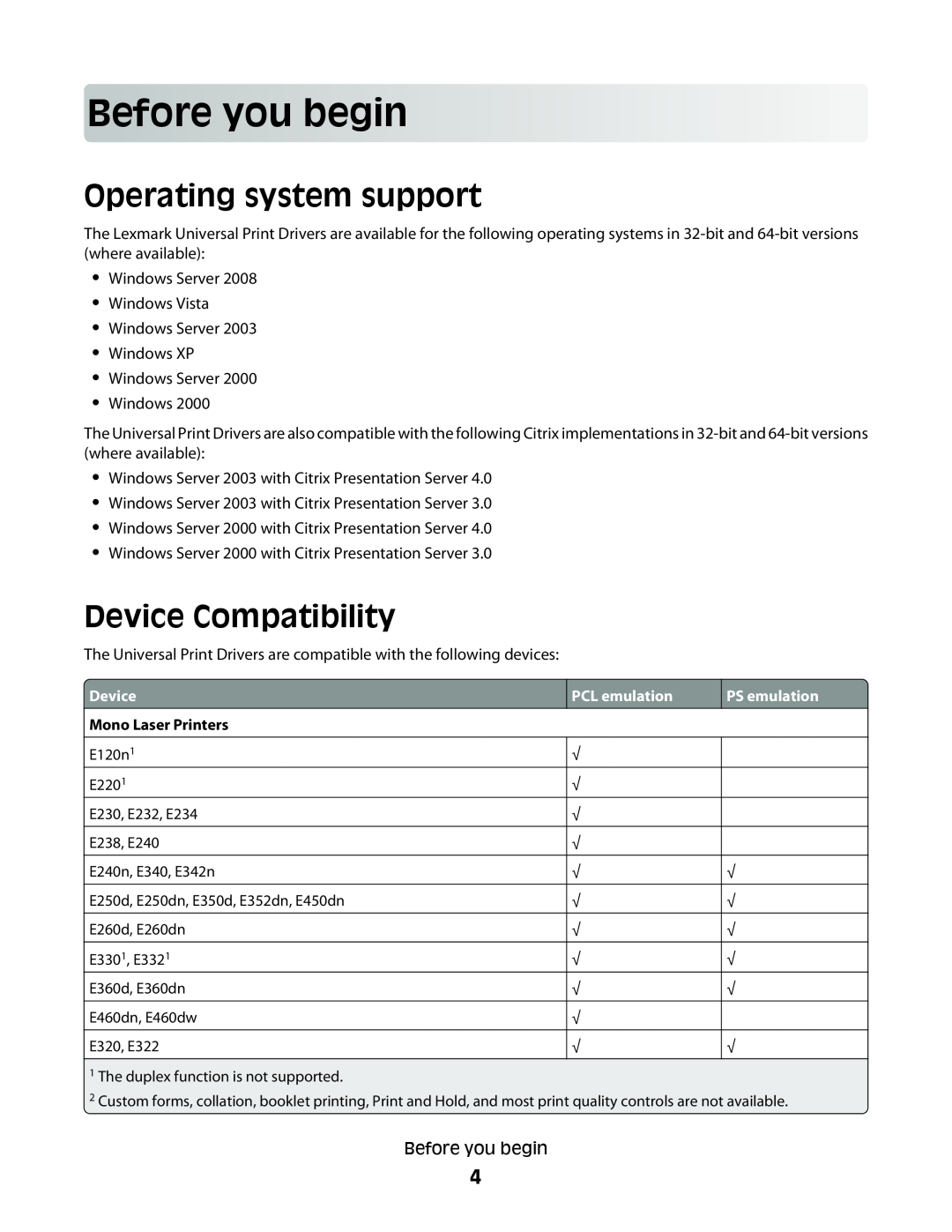Lexmark Universal Driver manual Beforeyoubegin, Operating system support, Device Compatibility 
