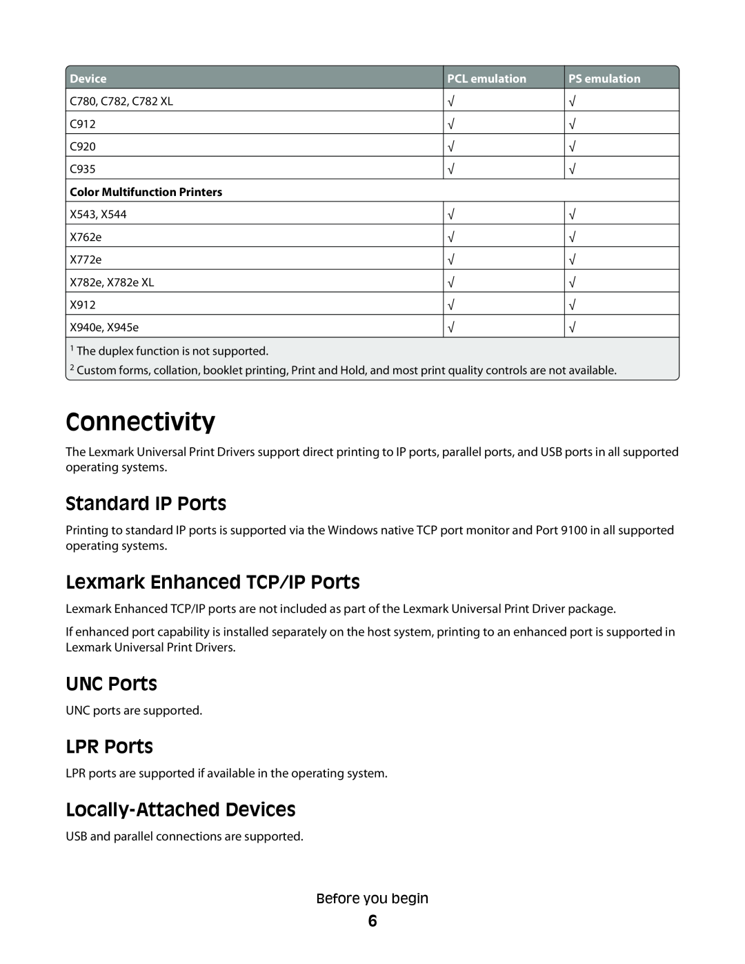 Lexmark Universal Driver manual Connectivity, Standard IP Ports, Lexmark Enhanced TCP/IP Ports, UNC Ports, LPR Ports 