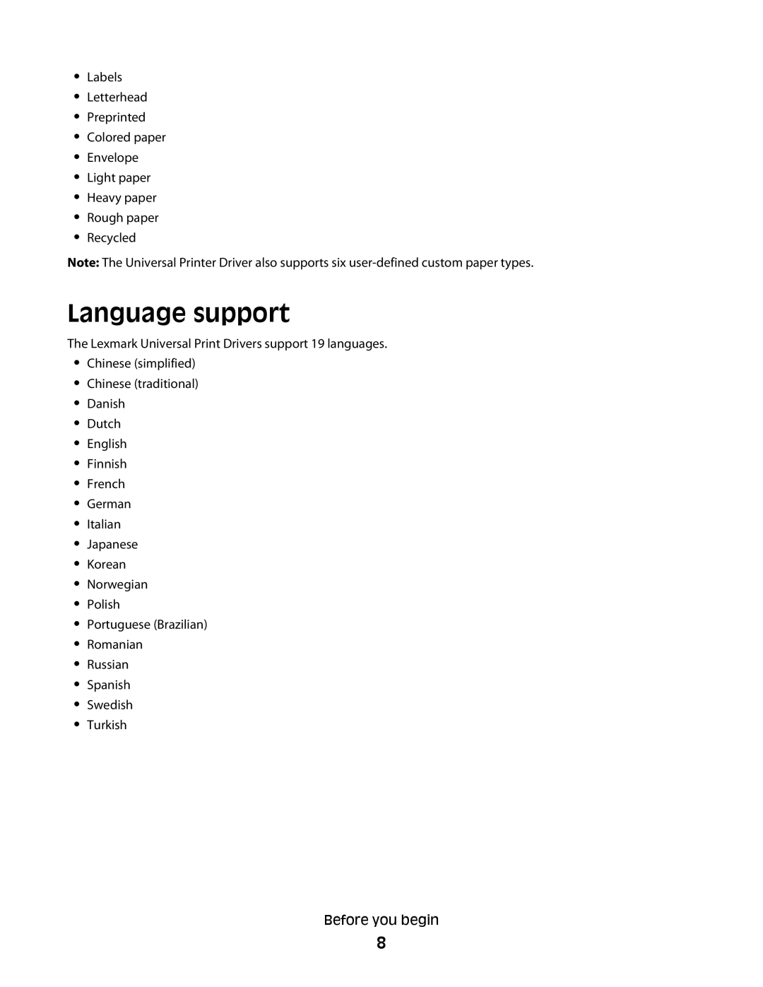 Lexmark Universal Driver manual Language support 