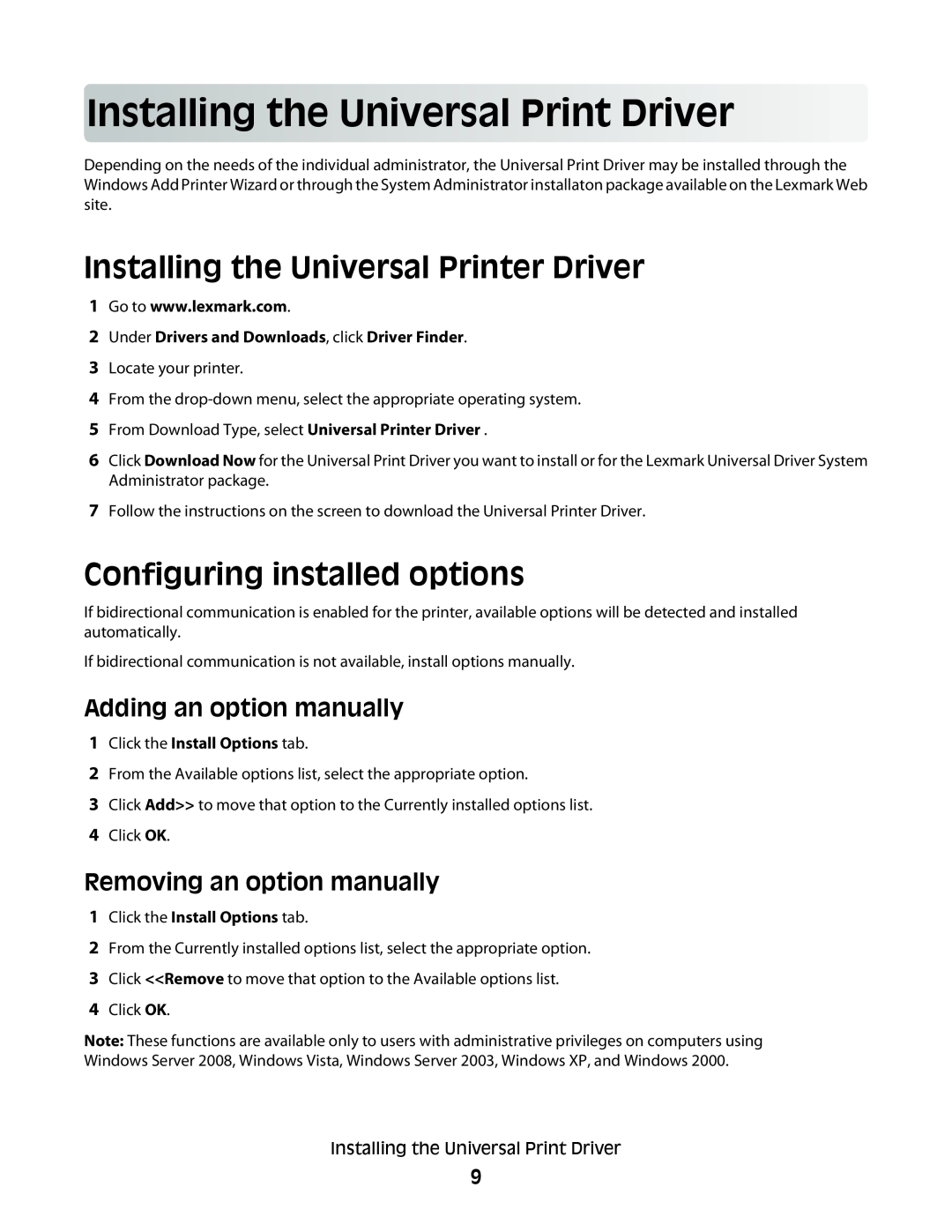 Lexmark Universal Driver manual Installingthe UniversalPrintDriver, Installing the Universal Printer Driver 