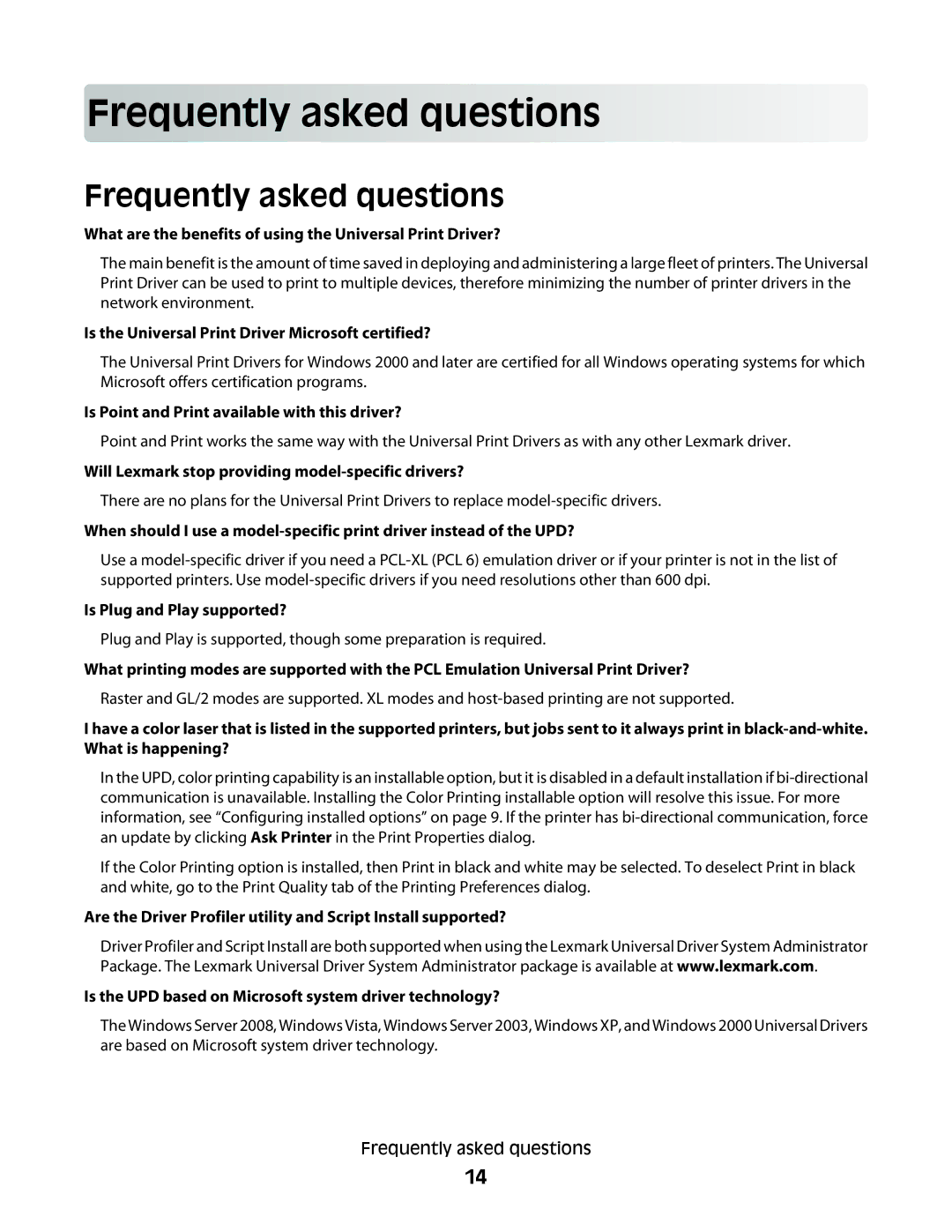 Lexmark Universal Driver manual Frequen tly as ke d que st ions, Frequently asked questions 