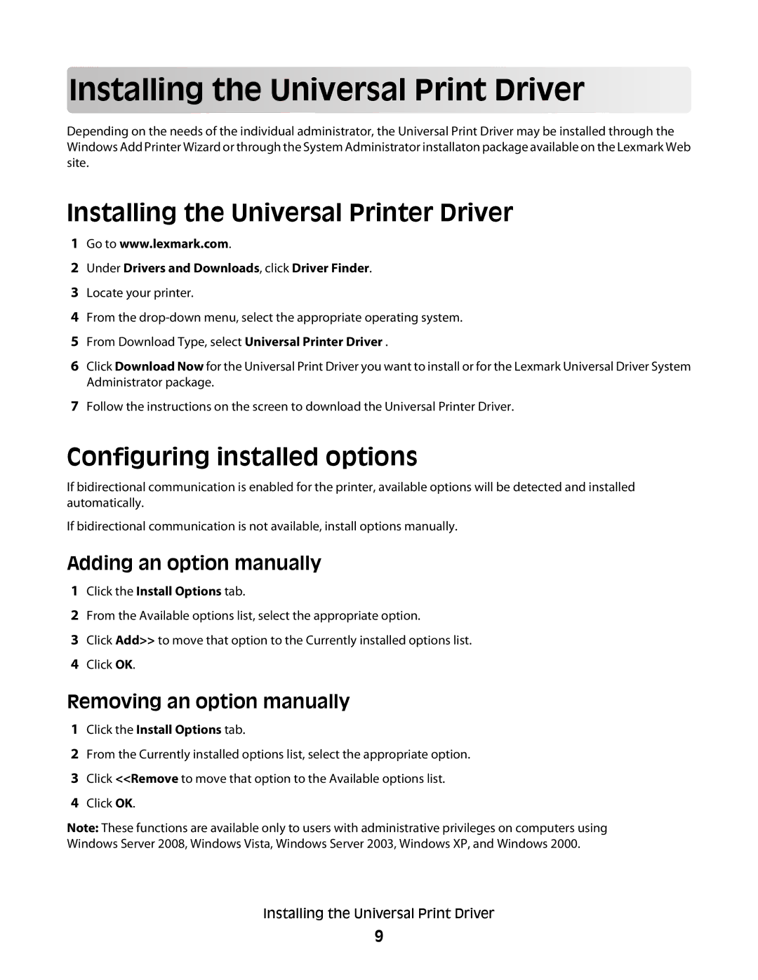 Lexmark Universal Driver manual Inst alli ng th e Univ ers al P rin t Drive r, Installing the Universal Printer Driver 