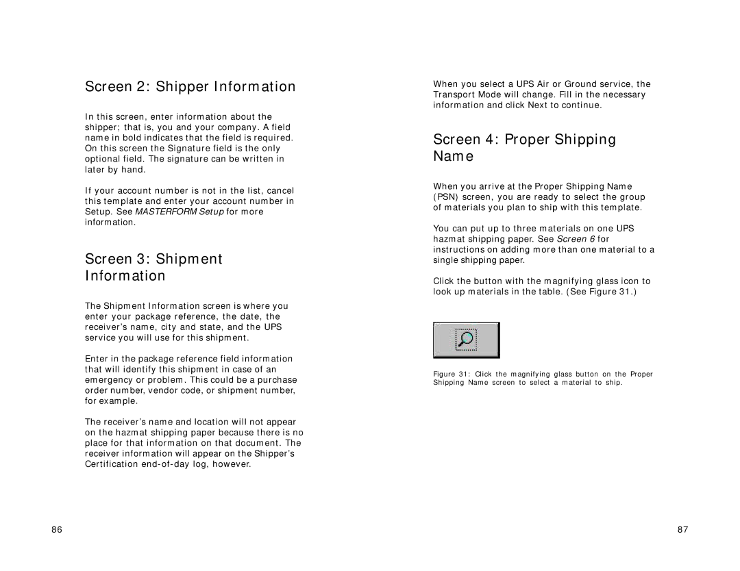 Lexmark Version 3.0 manual Screen 2 Shipper Information, Screen 3 Shipment Information, Screen 4 Proper Shipping Name 