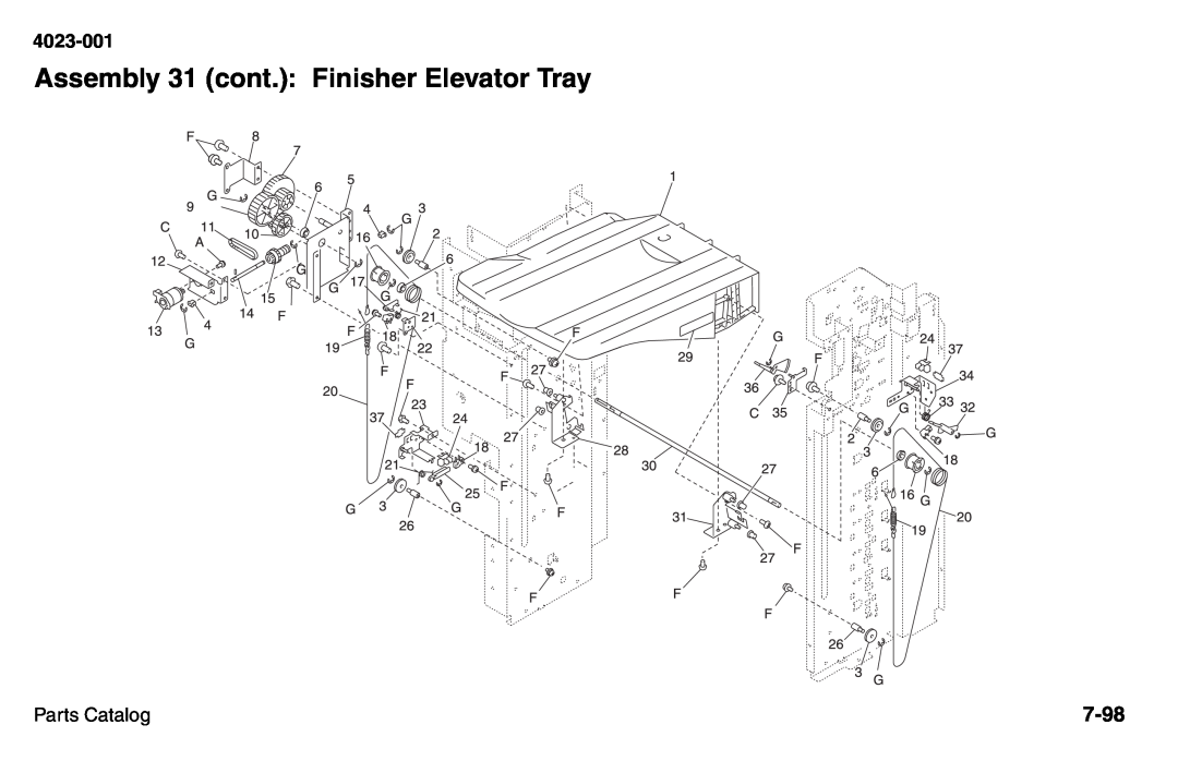 Lexmark W810 service manual Assembly 31 cont.: Finisher Elevator Tray, 7-98, 4023-001, Parts Catalog 