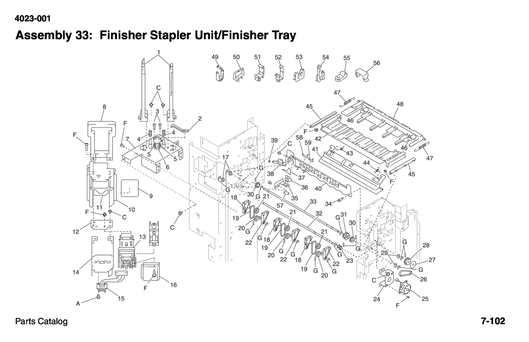 Lexmark W810 service manual Assembly 33: Finisher Stapler Unit/Finisher Tray, 7-102, 4023-001, Parts Catalog 