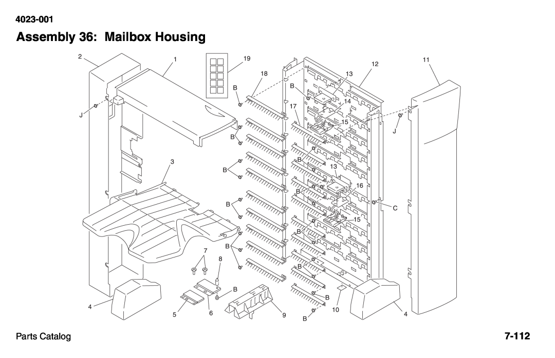 Lexmark W810 service manual Assembly 36: Mailbox Housing, 7-112, 4023-001, Parts Catalog 