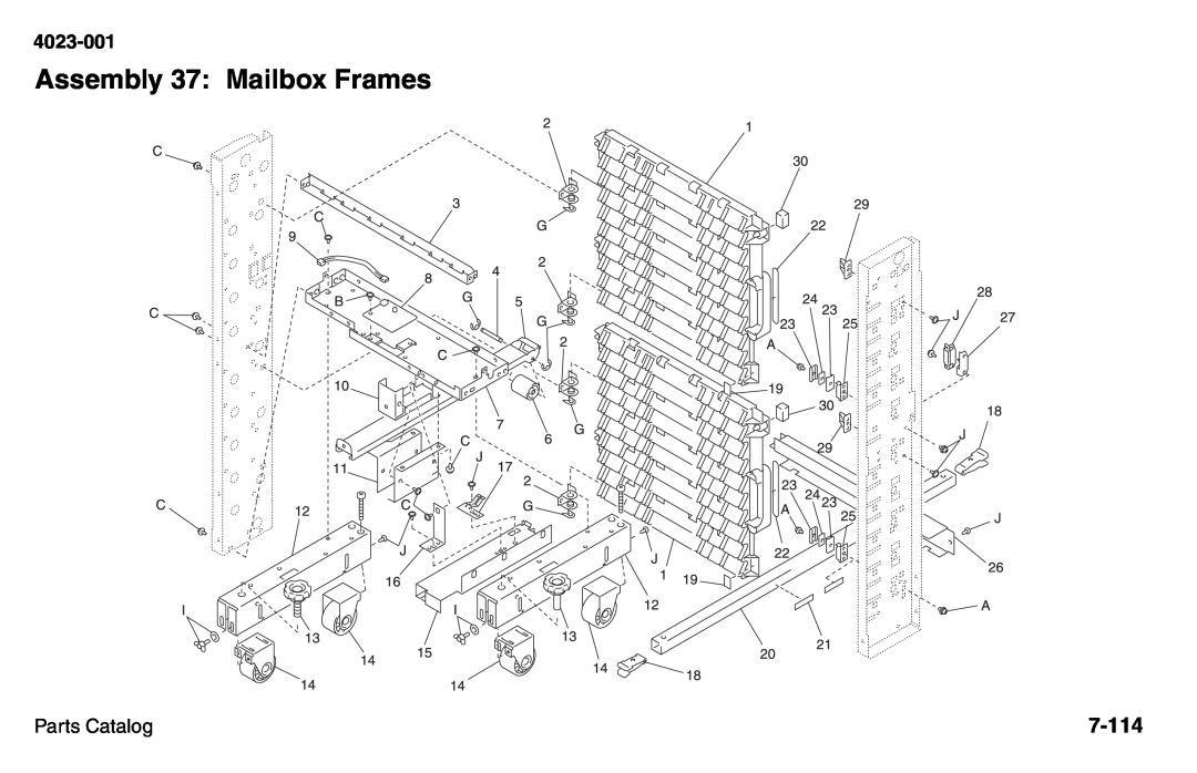 Lexmark W810 service manual Assembly 37: Mailbox Frames, 7-114, 4023-001, Parts Catalog 