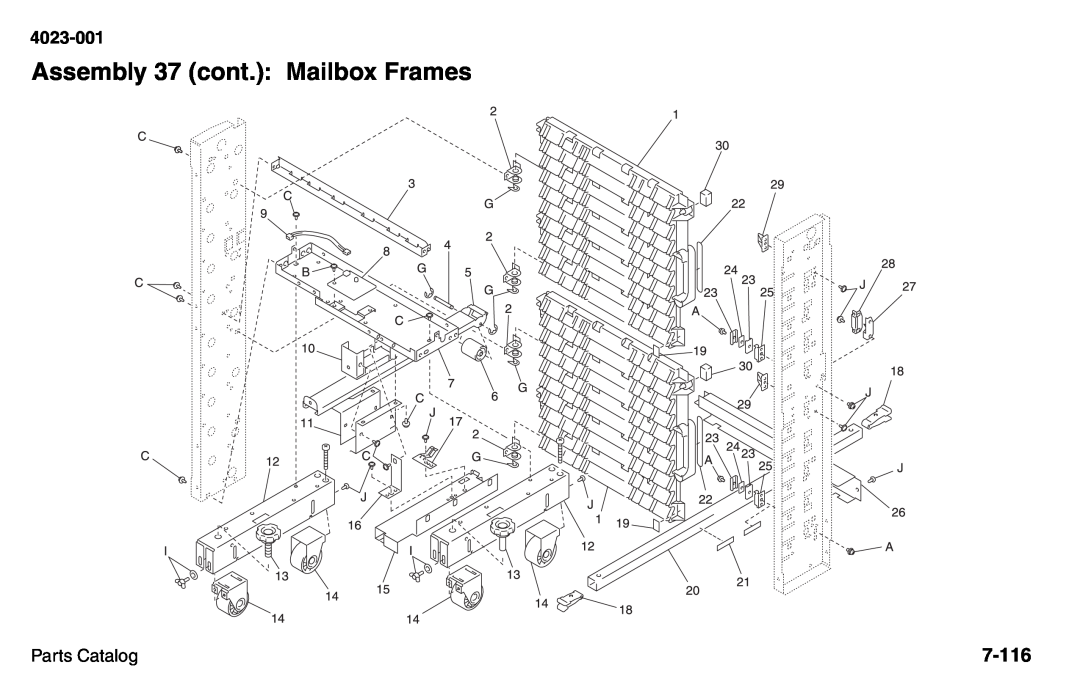 Lexmark W810 service manual Assembly 37 cont.: Mailbox Frames, 7-116, 4023-001, Parts Catalog 