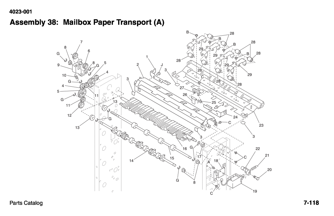 Lexmark W810 service manual Assembly 38: Mailbox Paper Transport A, 7-118, 4023-001, Parts Catalog 