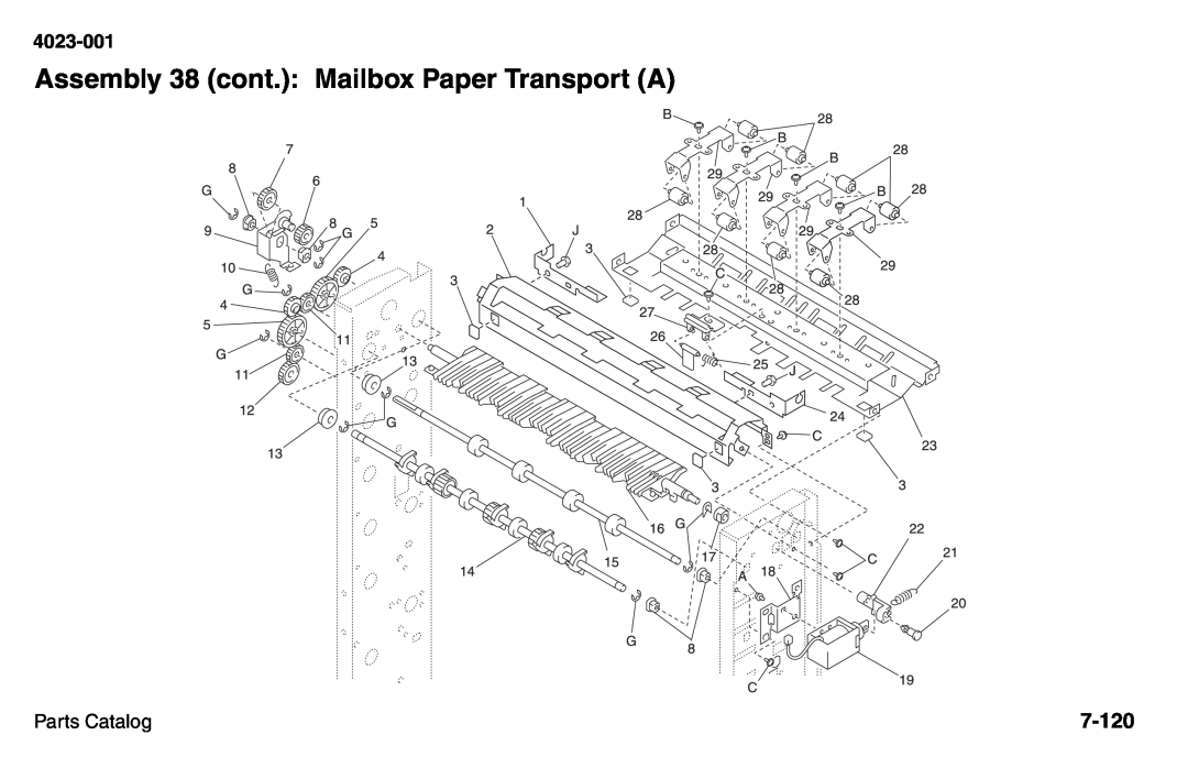 Lexmark W810 service manual Assembly 38 cont.: Mailbox Paper Transport A, 7-120, 4023-001, Parts Catalog 