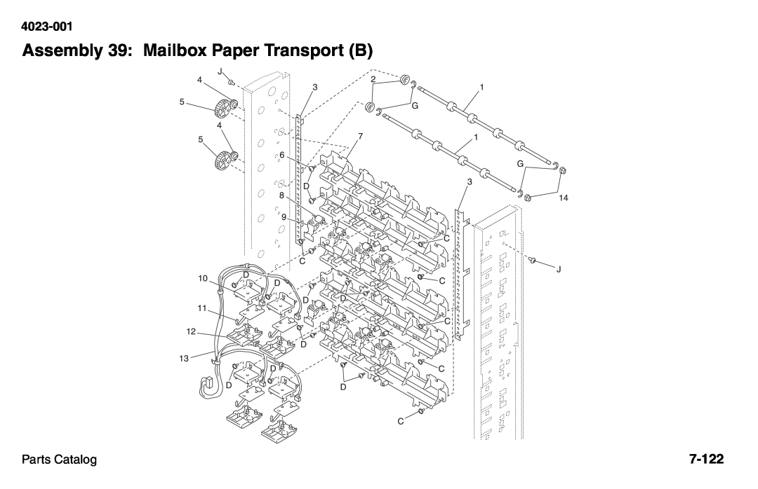Lexmark W810 service manual Assembly 39: Mailbox Paper Transport B, 7-122, 4023-001, Parts Catalog 